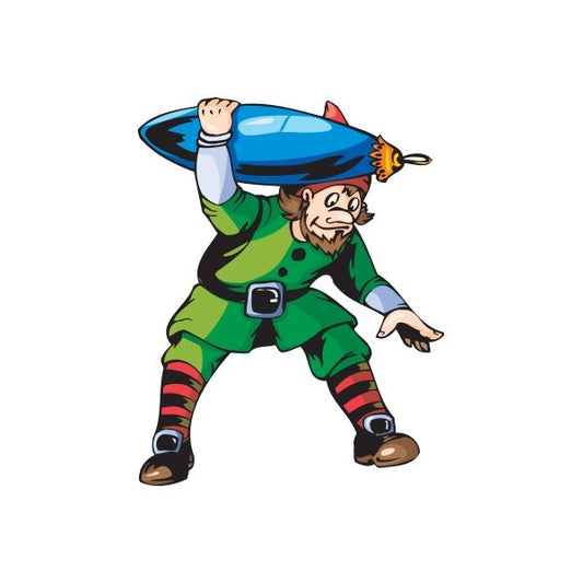 Cartoon elf ornament decal, green outfit, carrying blue oblong ornament