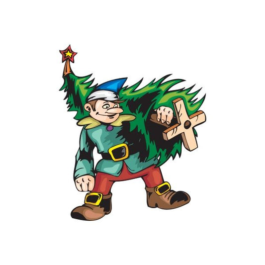 Cartoon elf carrying tree sticker with green outfit, tan boots, red star wand.