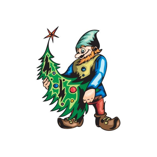 Elf holding decorated Christmas tree sticker with star topper