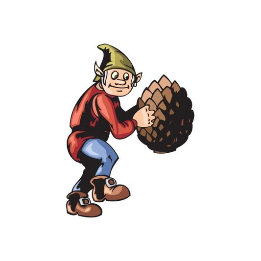 Elf character holding a pinecone sticker with red shirt, green hat, and brown shoes