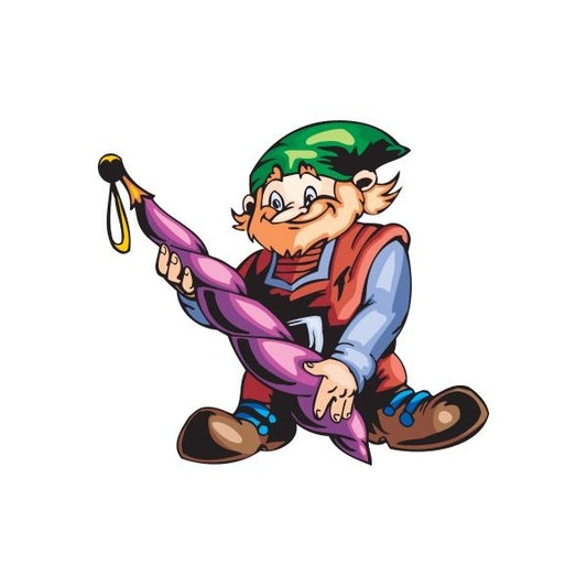 Elf sticker of cartoon character holding a purple spiral ornament