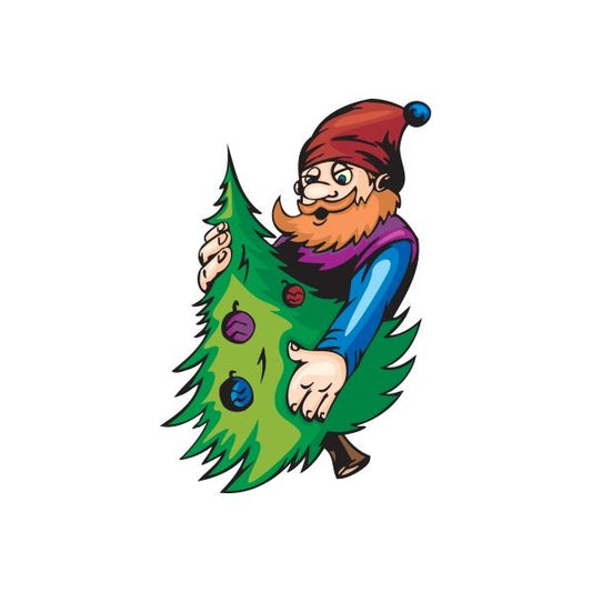 Elf hugging tree sticker, cartoon bearded elf hugging a green fir tree with round ornaments
