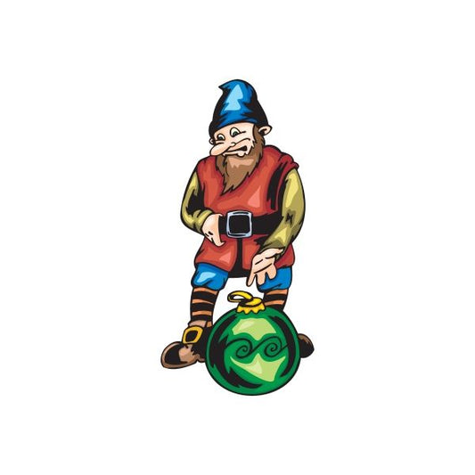 Elf looking sticker holding green swirled ornament ball, cartoon style