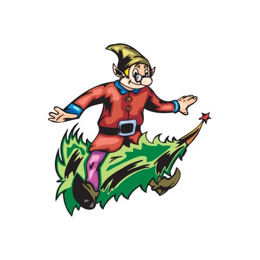 Cartoon elf riding a leafy tree sticker, red tunic, green leaves, black boots