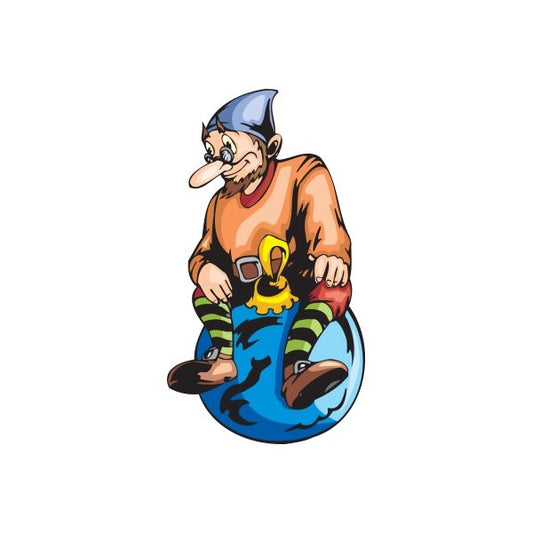 Elf sitting on blue ball ornament decal with orange shirt and blue pants
