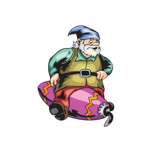 Elf sitting on pink oblong ornament sticker, cartoon with beard and hat