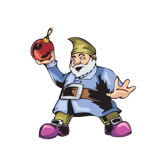 Elf decal of a bearded dwarf tossing a red ball, arm raised