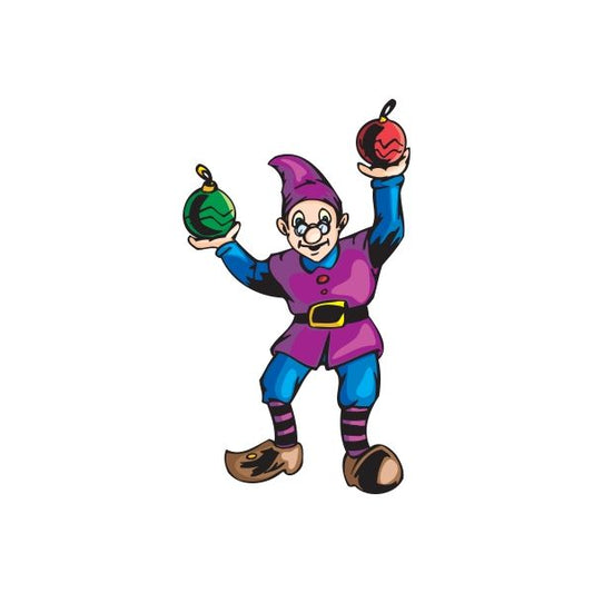 Elf character sticker in purple suit holding green and red ball ornaments