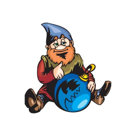 Cartoon elf sticker with blue ornament ball, beard and cap