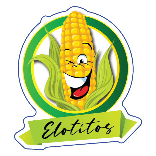 Corn character sticker with green leaves and 'Elotitos' ribbon banner