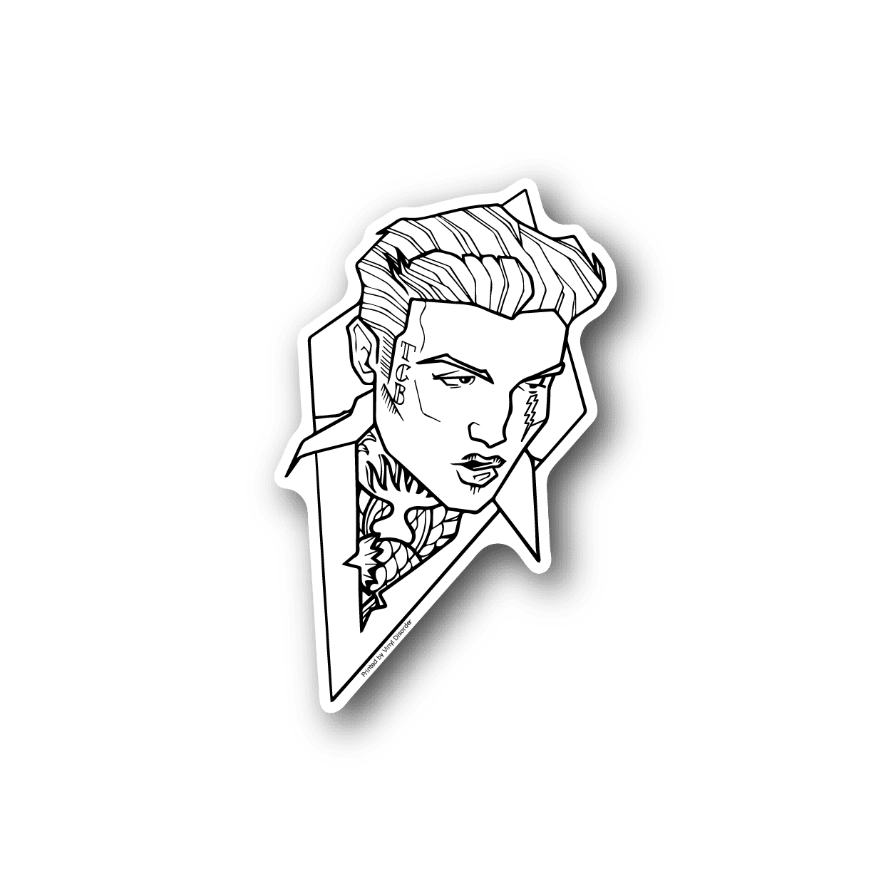 Elvis vinyl sticker with black-and-white portrait line art and white border