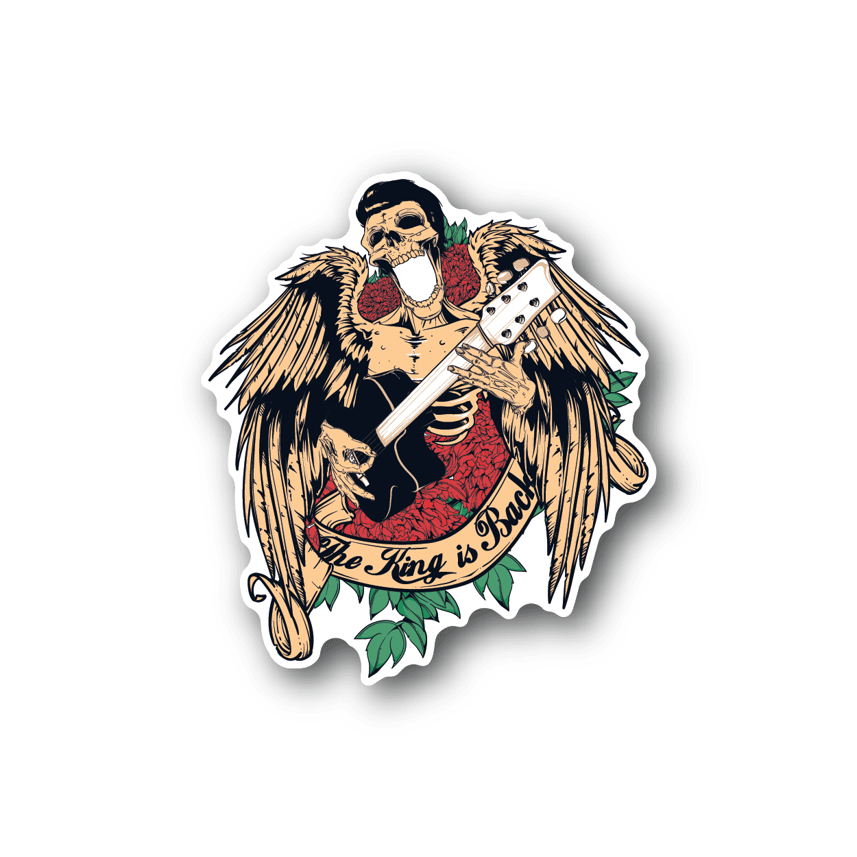 Vinyl sticker of Elvis-like zombie king with wings, guitar, and red text