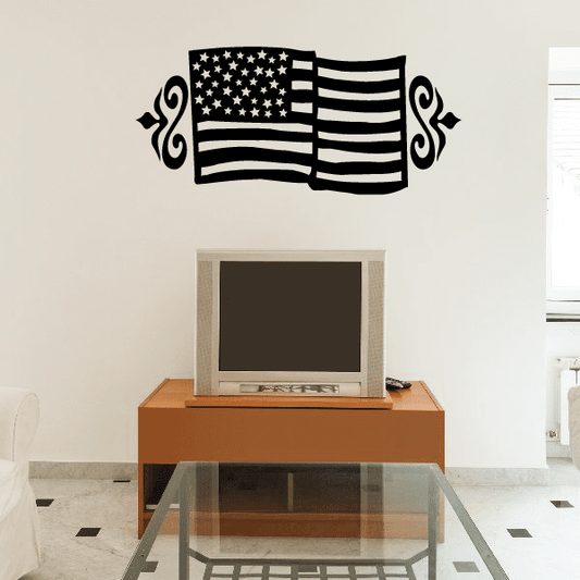 American flag decal with star banner, striped folds, and decorative scroll corners