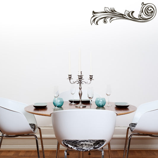 Silver ornate wall accent sticker with curled scroll flourishes, corner design