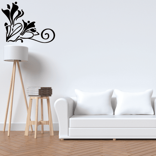 Black swirly floral corner wall decal with scrollwork leaves and vine accents.