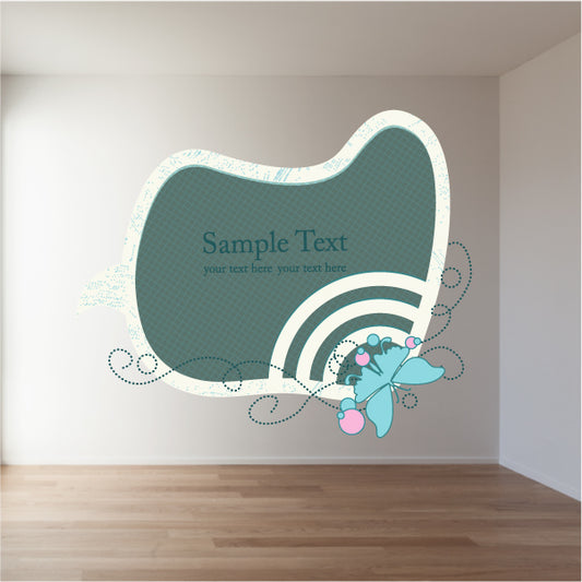 Teal heart-shaped frame sticker with white dotted border and blue butterfly embellishments