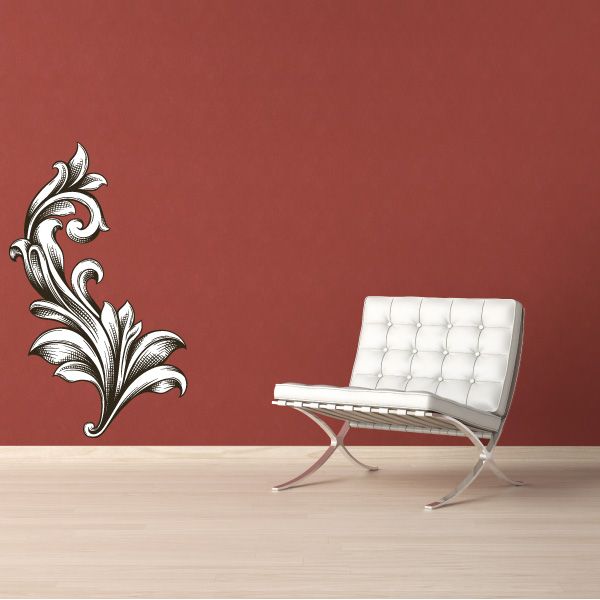 Ornate silver wall decal flourish with curling leaf accents