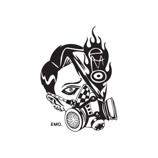 Black and white graffiti gas mask decal with stylized face and flames