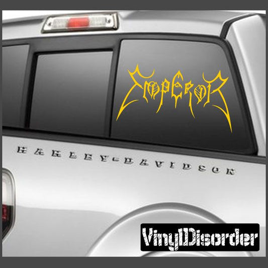 Emperor decal: gold stylized lettering on dark window panel