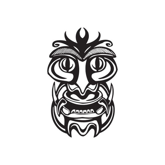 Black tribal tiki face decal with ornate swirl details and flame headdress