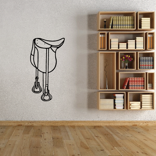 Horse saddle decal with black line art illustration