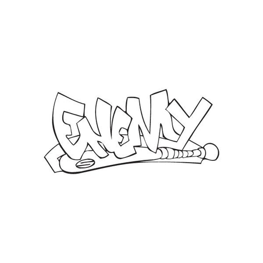 Graffiti decal sticker with bold outlined letters and small emblem accents
