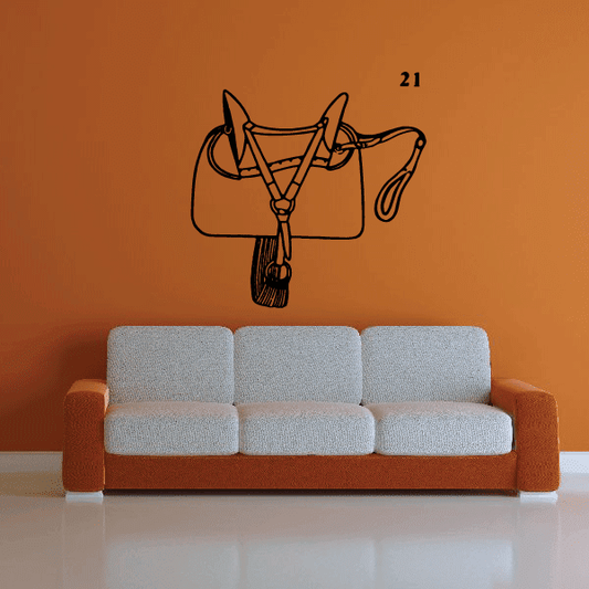 English horse saddle decal with black outline of saddle and bridle
