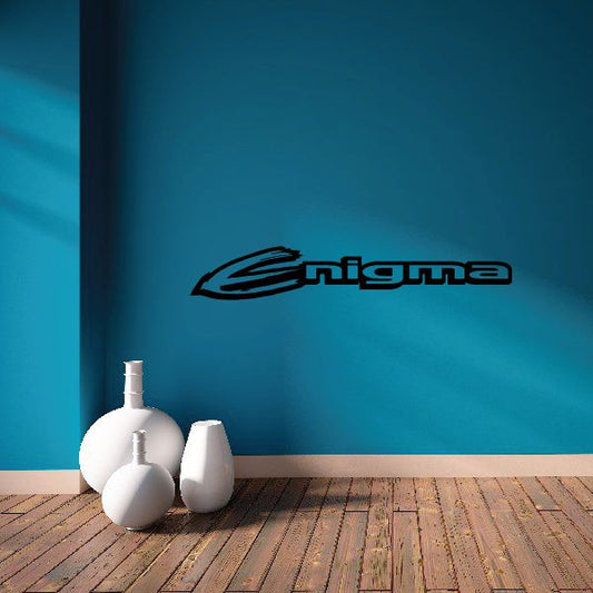 Enigma decal with stylized blue and black logo lettering