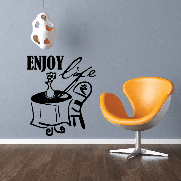 Enjoy Life decal with black typography, cocktail glass and peace sign on wall