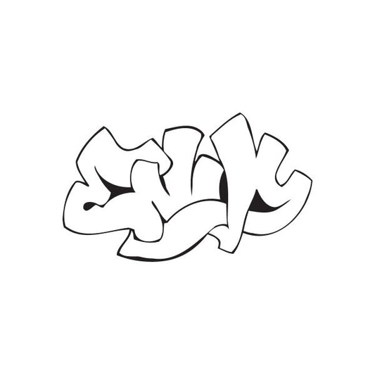 Graffiti decal with stylized black-outlined white lettering