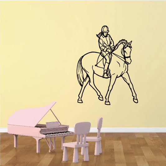 Equestrian rider and walking horse decal, black line art outline