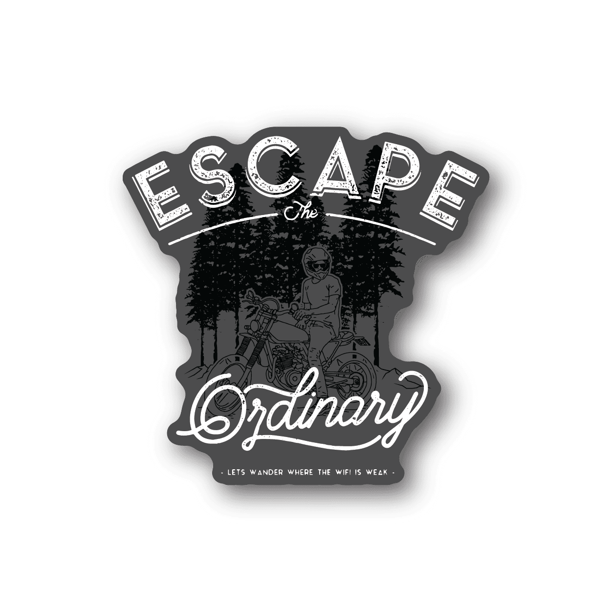 Motorcycle vinyl sticker with rider graphic and 'Escape the Ordinary' text