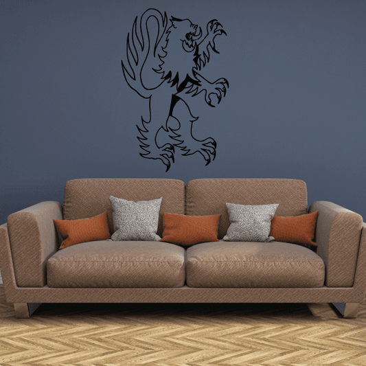 Lion outline decal with roaring face and mane, dark outline on wall