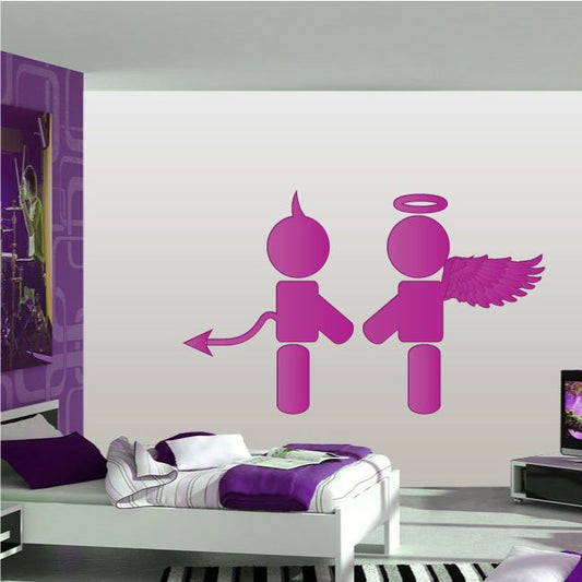 Valentine love decal: two purple winged figures with curved arrow between them