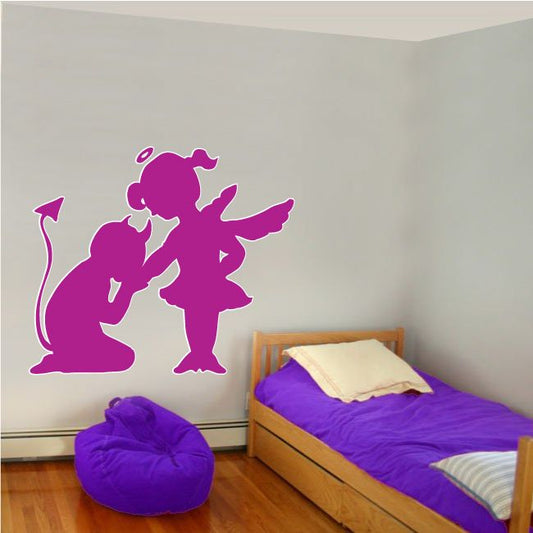 Purple silhouette love sticker with two cartoon characters, cat and girl