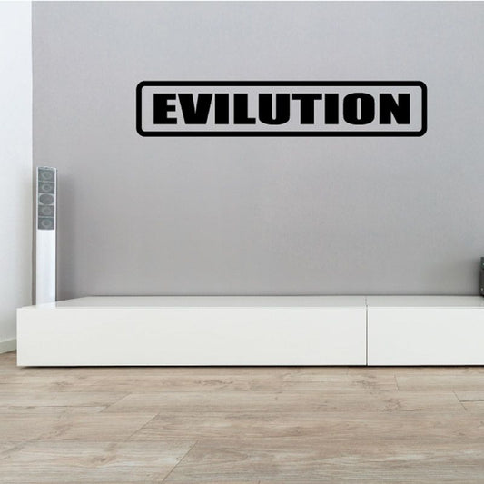 Rectangular Evilution decal with bold uppercase EVILUTION text in black and white