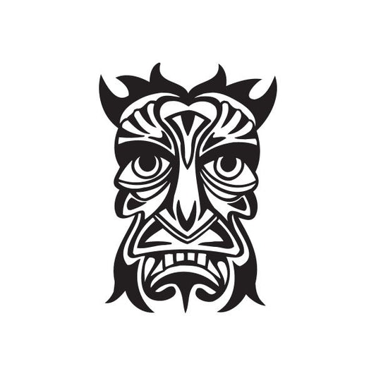 Black tiki face decal with swirling tribal lines and horned brow