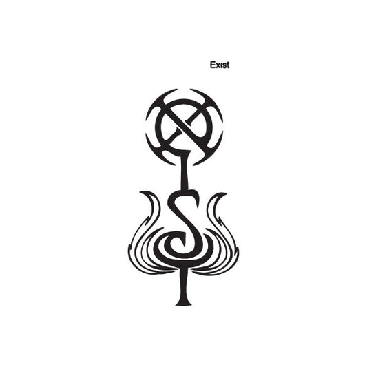 Graffiti decal with black Exist logo and abstract flame-like symbol