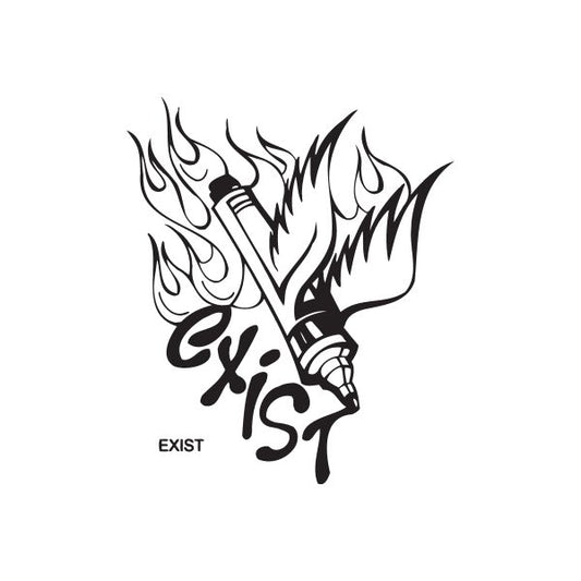 Graffiti decal sticker with black flame and guitar pick design and 'EXIST' text