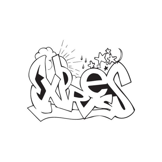 Graffiti decal with stylized black and white lettering, stars, and crown-like icon
