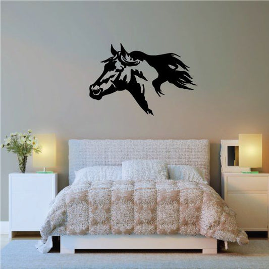 Horse head wall decal, black flying silhouette over bed