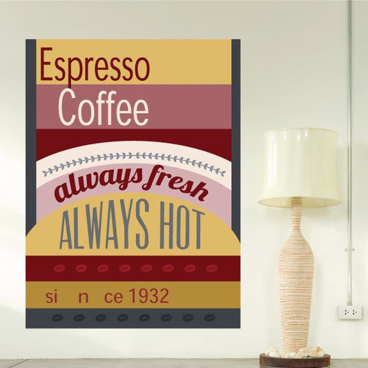 Square espresso coffee sticker with colorful stripes and 'always fresh' text