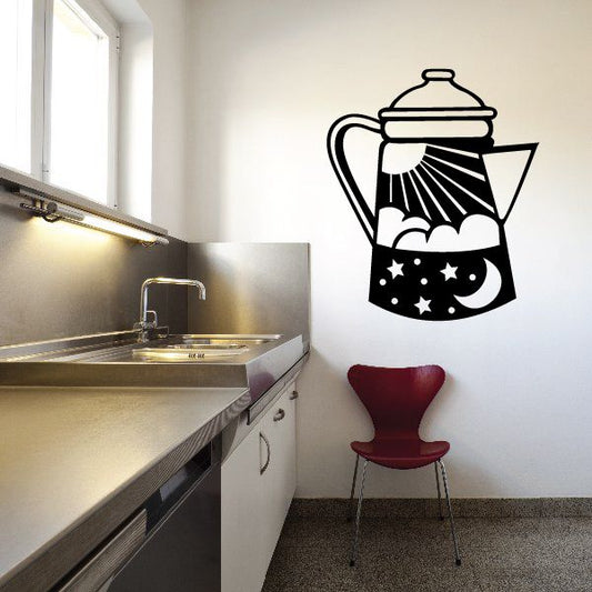 Espresso maker wall decal with teapot, stars, moon, and fan rays design