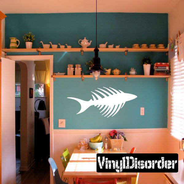 Bony fish wall decal with extended skeleton design, white