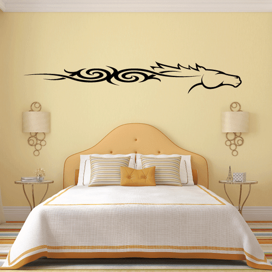 Tribal horse head wall decal with swirling mane, black design