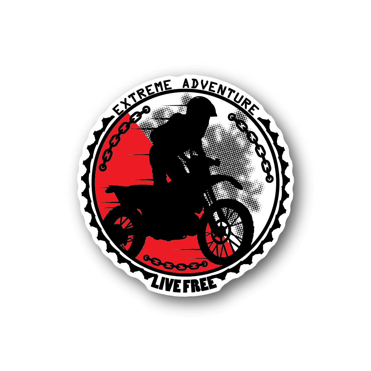 Round dirt bike vinyl sticker with red and white graphic, bike silhouette and "LIVEFREE" text
