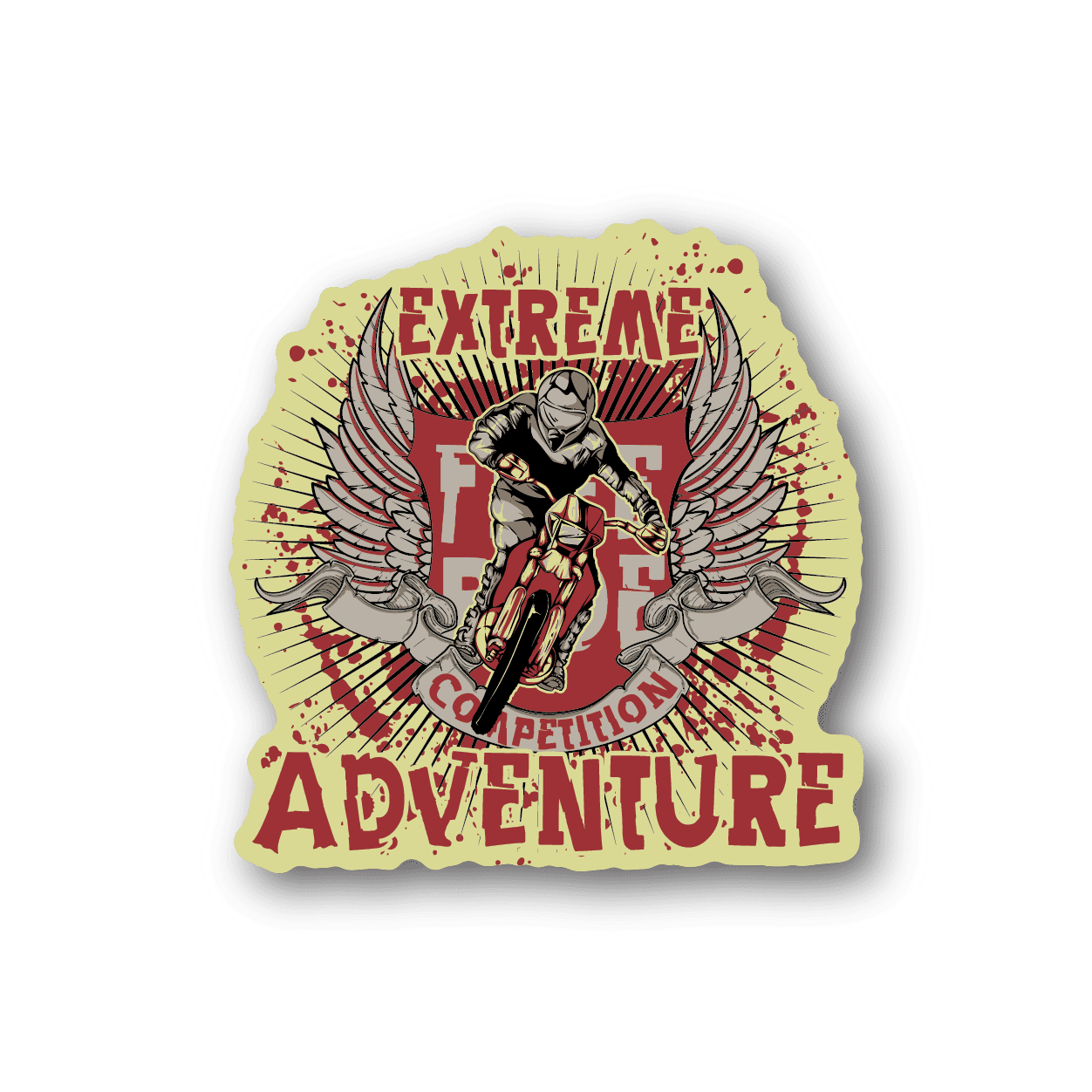 Dirt bike vinyl sticker with rider, wings, and red Extreme Adventure text