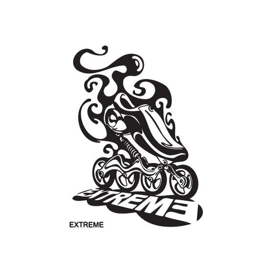 Black graffiti roller skate decal with swirling design and EXTREME text