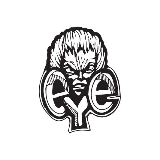 Black-and-white stylized face decal with large circular eyes and graffiti line art