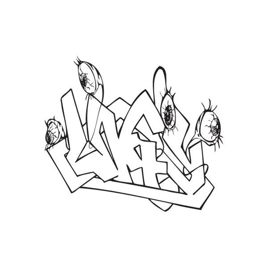 Eyes graffiti decal with black-and-white stylized eye figures and lettering style